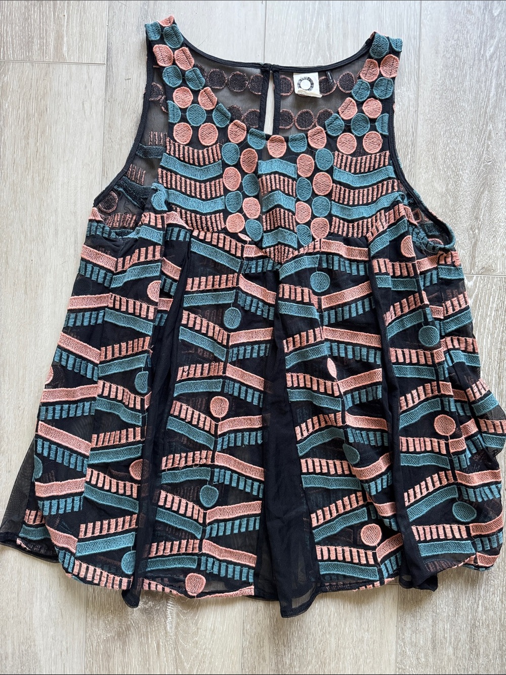 Embroidered Black Sleeveless Camisole with Teal & Dusty Pink Accents